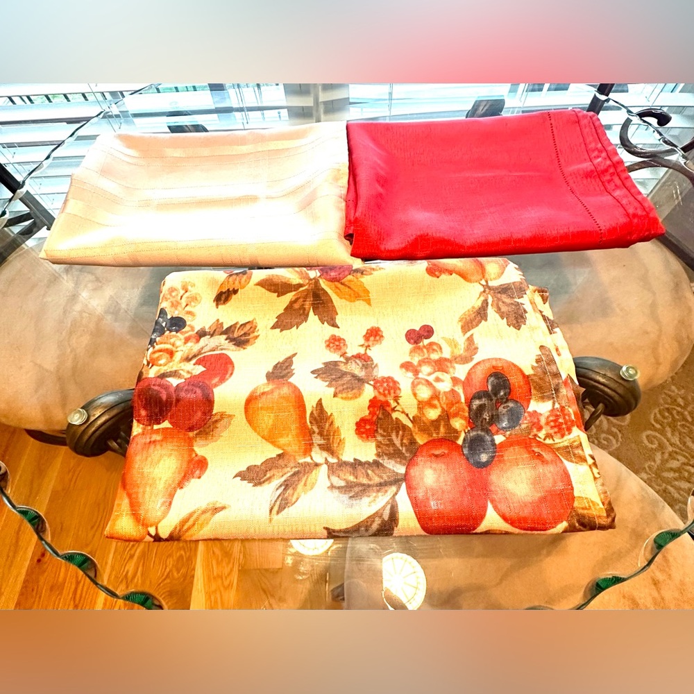 Tablecloth Fruit/Solid Burgundy Taupe Gold Square lot of 3